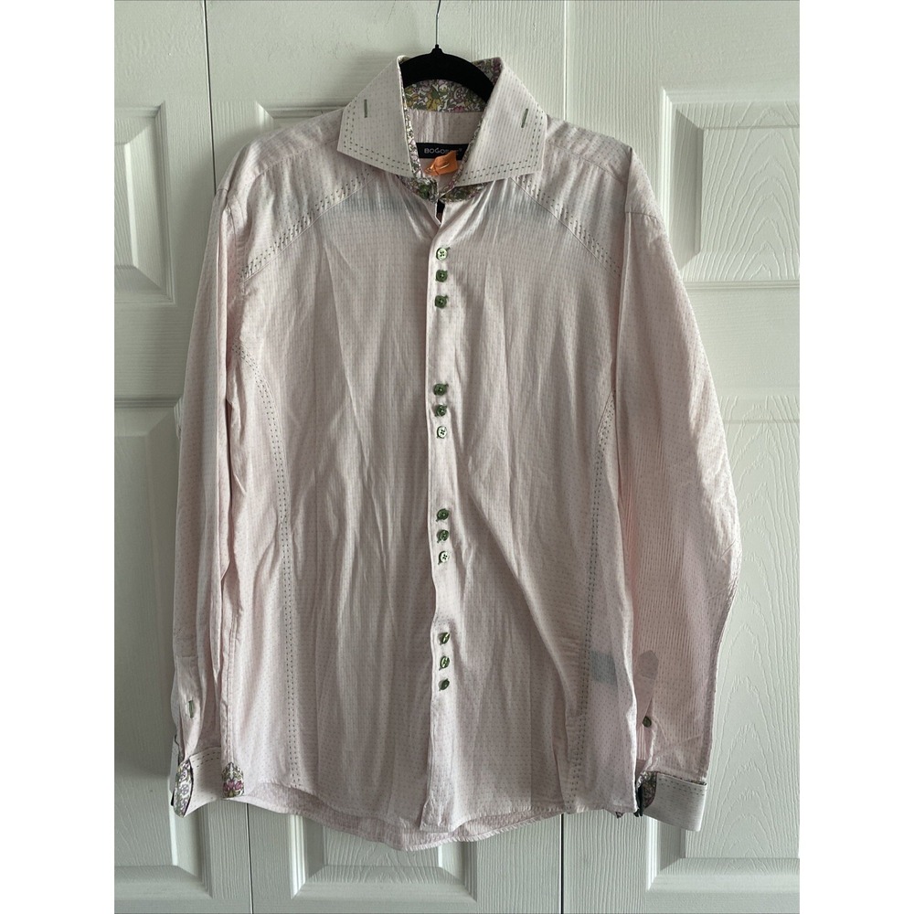 Bogosse Pick Stitch Floral Trim Button Down Mens Size L Pink Micro Dot Cotton